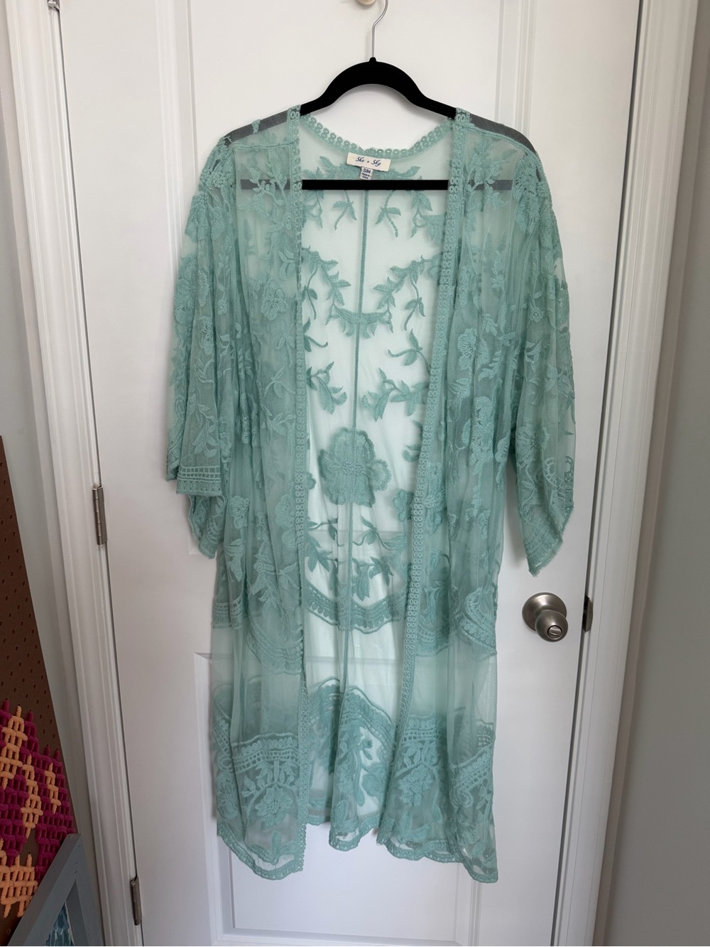 She + Sky Mint Green Embroidered Sheer Kimono
